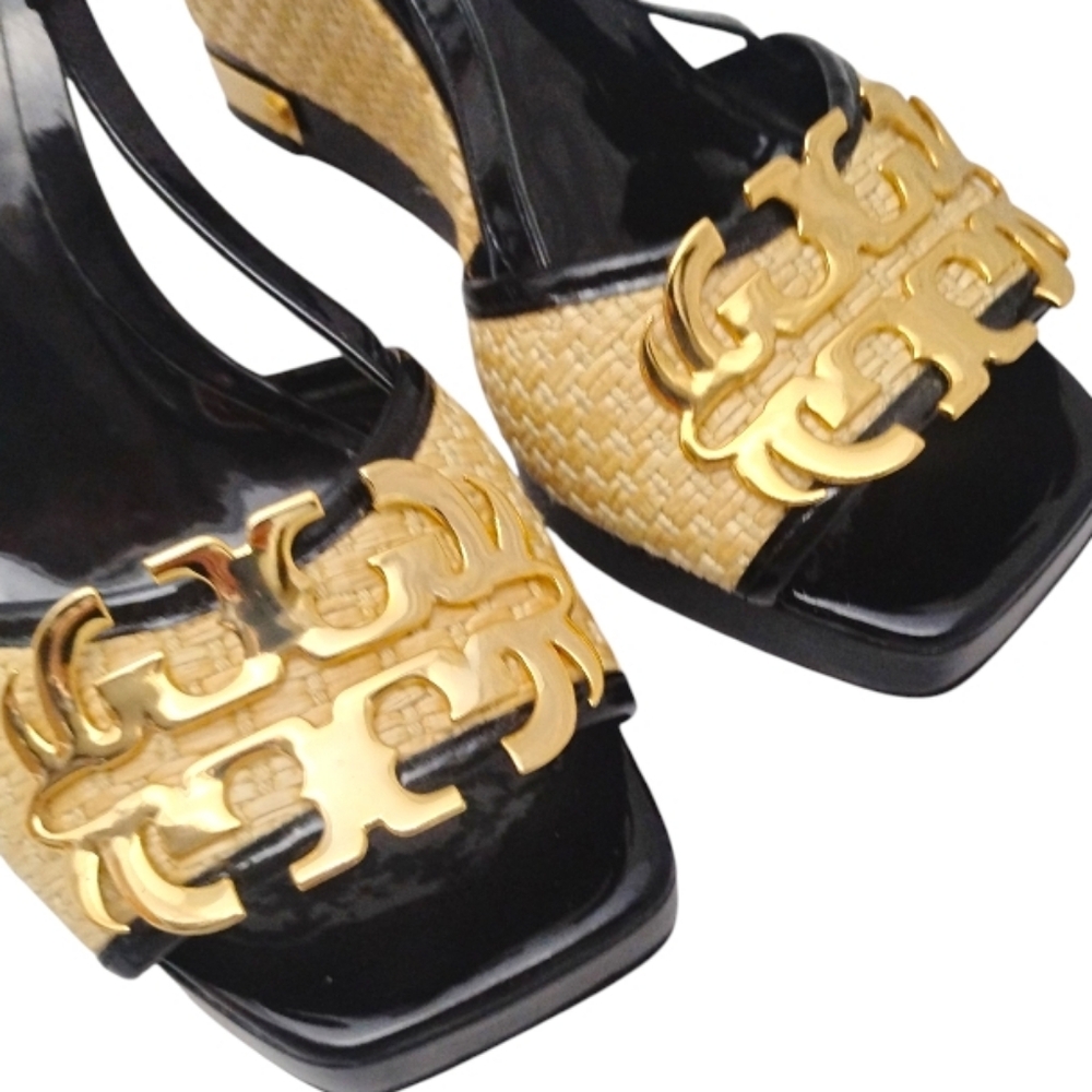 TORY BURCH | Patent Leather Espadrille Wedge Sandals | Black Tan | US 9 - Picture 6 of 9
